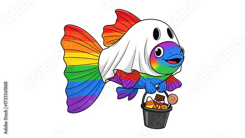 Spooky Fish's Halloween Treat: A playful fish is playfully dressed as a ghost while holding a treat bucket with candy in it, bringing the Halloween spirit.