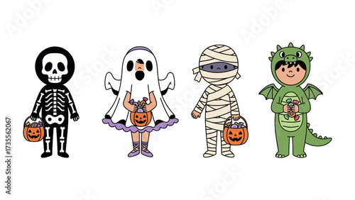 Halloween Costume Characters: A collection of cute cartoon characters in Halloween costumes, ready for trick-or-treating. Perfect for festive designs and seasonal projects.
