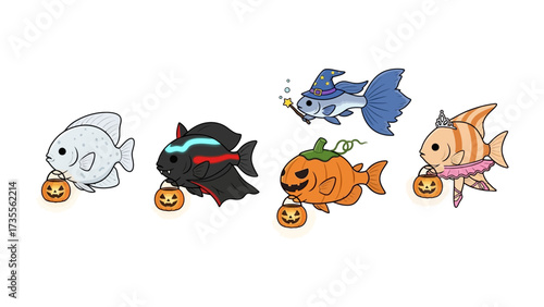 Halloween Aquarium: A charming and whimsical illustration presents a collection of festive fish, each donned in creative costumes and carrying miniature jack-o'-lantern buckets.
