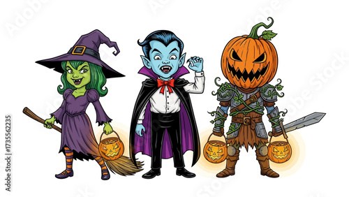 Spooky Halloween Characters: A wickedly captivating ensemble of Halloween characters, each radiating their own unique charm and eeriness. Including witch, vampire, pumpkin head. 