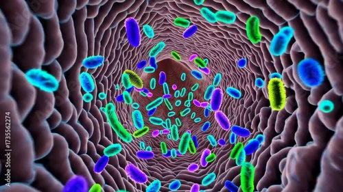 Conceptual image of gut flora with beneficial bacteria in intestine.