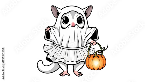Cute Sugar Glider Ghost: This adorable sugar glider, dressed as a ghost and ready for Halloween, captures the playful spirit of the season, adding a touch of fun and fantasy. 