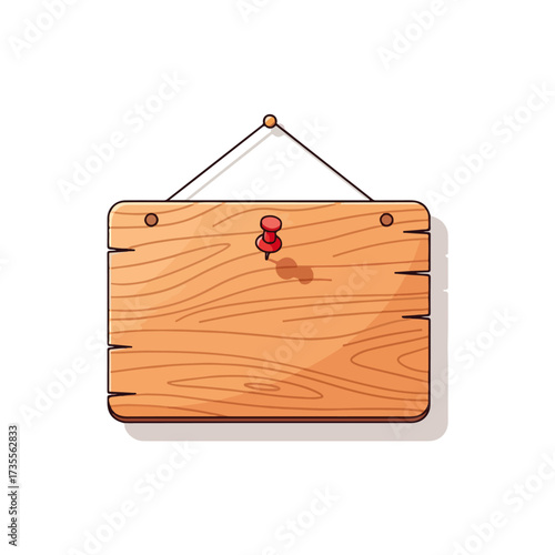 Wooden sign with a red push pin, hanging by a string, with a shadow.