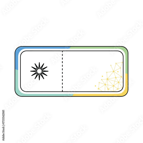 A modern blank ticket or voucher template with a colorful border, a starburst icon, and a geometric network pattern.