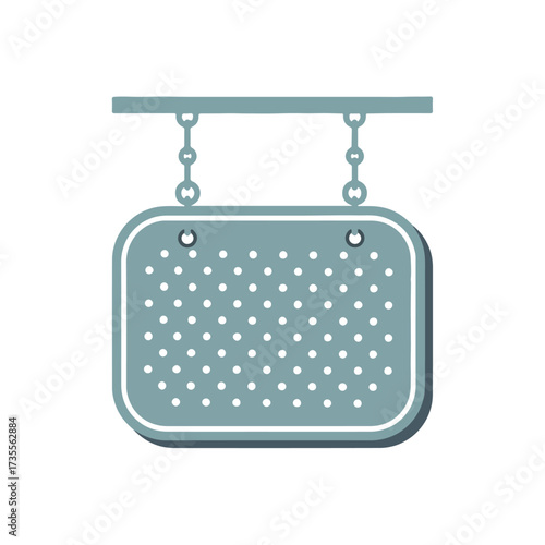 A hanging sign with a dotted pattern, suspended by chains from a horizontal bar.