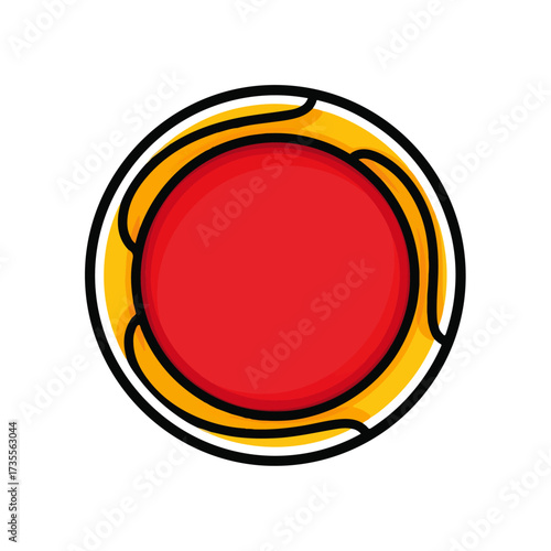 A stylized circular icon with a red center and a yellow swirling border.