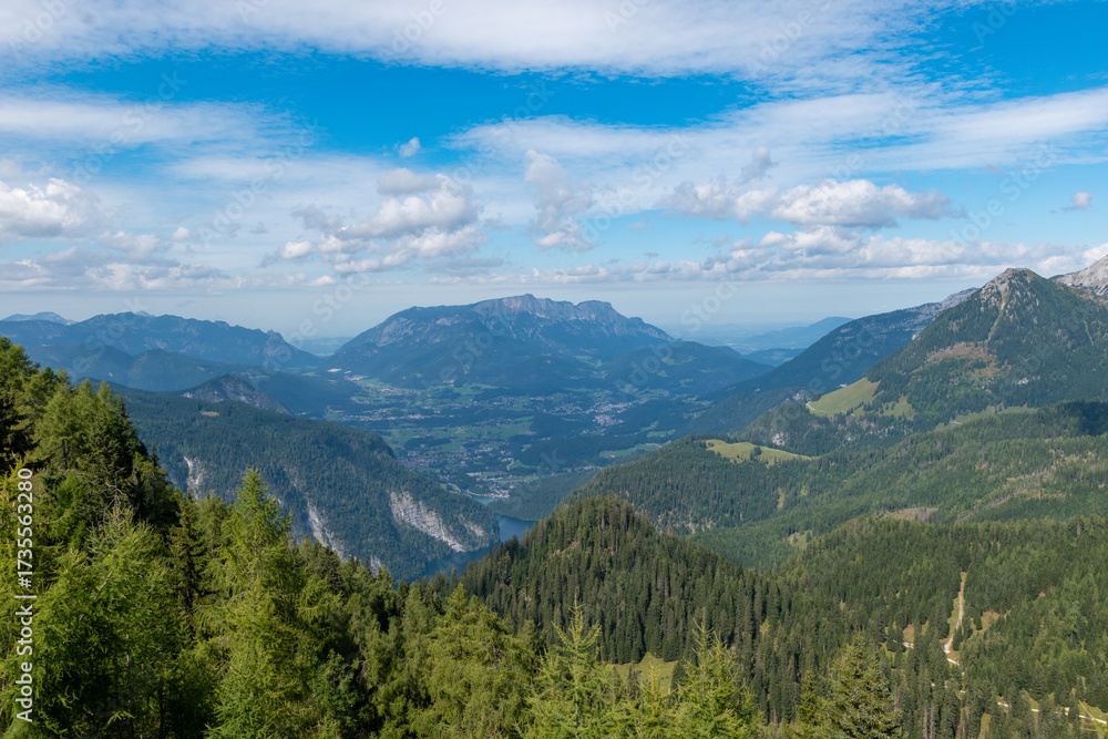 Obraz premium Alpine forest landscape with panoramic view towards Mount Jenner in the Berchtesgadener Alps