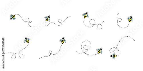 Set of bees with hearts. Collection of flying bees in a dotted line . Bee flying on a dotted route isolated on the white background. Vector illustration. 