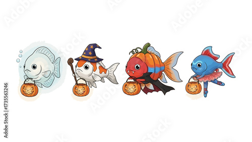 Halloween Fish Parade: A whimsical gathering of aquatic creatures dressed up in charming Halloween costumes, holding festive lanterns in a vibrant and delightful scene.