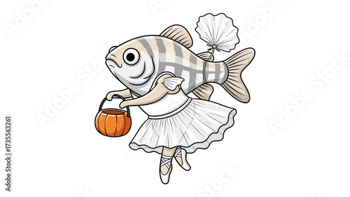 Graceful Fish Ballerina: An adorable illustration of a fish gracefully dancing in a ballet attire with an orange bag. This whimsical image will bring a smile to everyone.