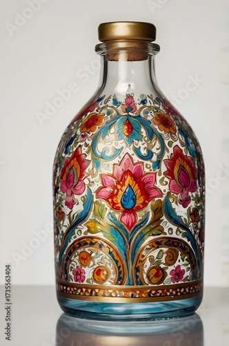 Single glass bottle hand-painted with colorful floral and paisley motifs, intricate artisan detail, isolated on white background, high-quality illustration style,Generative Ai
