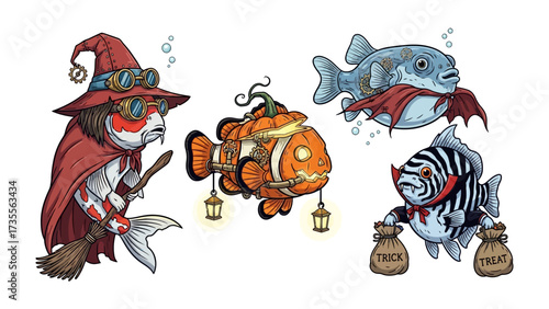 Fanciful Halloween Fish: A quirky composition of digitally designed fish dressed up in playful Halloween costumes, set against a clean backdrop