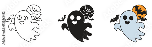 Happy Halloween icon set. Bat, Ghost spirit with face isolated on a white background. Vector illustration .