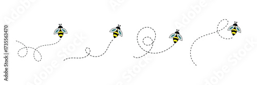 Cute bees characters collection. Flying bees with dotted path. Insects group. Cartoon  bee icon. Vector bee illustration.  eps 10