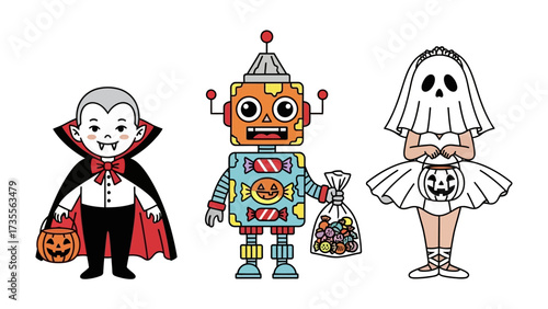 Halloween Characters: A delightful trio of Halloween characters – a vampire, a robot, and a ghost – ready for a night of trick-or-treating.