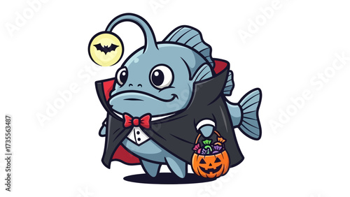 Halloween Anglerfish: Adorable and festive, this cartoon anglerfish embodies the spirit of Halloween, adorned in a vampire costume, carrying a pumpkin bucket filled with treats.