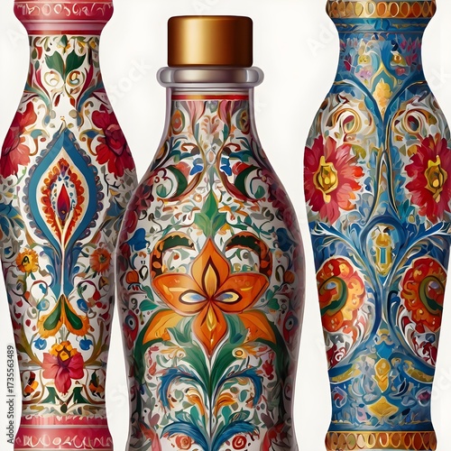 Single glass bottle hand-painted with colorful floral and paisley motifs, intricate artisan detail, isolated on white background, high-quality illustration style,Generative Ai
