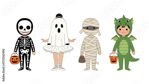 Halloween Costume Party: Adorable children dressed as a skeleton, ghost, mummy, and dragon, each clutching a pumpkin bucket. Embrace the whimsy and spirit of Halloween!