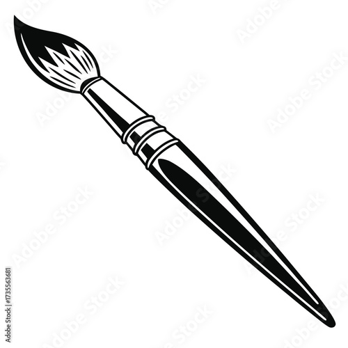 Black and white illustration of a round-tipped paintbrush with a long handle on a white background