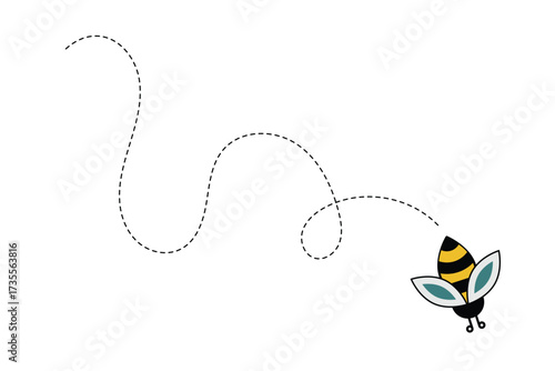 Bee flying doted path, line way. Bumblebee fly route journey for travel. Bees flying path. Cartoon bee fly dotted line route, bumblebee wasp hornet honeybee flight track buzz bug baby . eps 10
