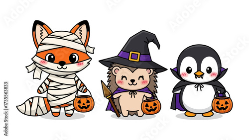 Halloween Mascot Trio: A collection of adorable mascot creatures, adorned in Halloween costumes, carrying pumpkin baskets, embodies festive season joy and invites audiences.