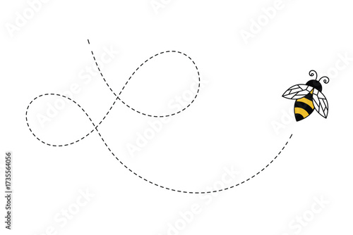 Bumble bee dash line, cute honey bee with dotted lines on white background, honey bee with dotted line vector  . eps 10