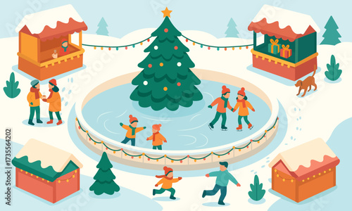 Flat vector illustration of a festive winter fair with people skating, decorated Christmas tree, market stalls, garlands, dog walking and cozy holiday atmosphere.