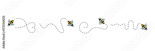 Bee character. Cute flying bees with dotted route. Bee cute flying icon. Happy smiling bees fly on a dotted route. eps 10 