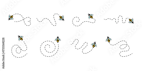 Bee character. Cute flying bees with dotted route. Bee cute flying icon. Happy smiling bees fly on a dotted route. eps 10 