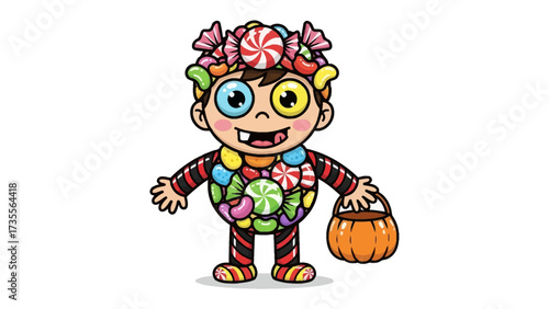 Sweet Treat Costume: A cheerful cartoon child adorned in a fantastical costume made entirely of colorful candies, smiles invitingly, with a small pumpkin bucket.
