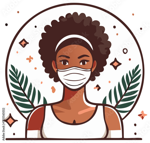 Afro Hair Woman in Protective Mask Stylized Art Illustration