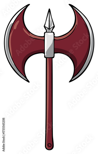 Fantasy double edged battle axe weapon with a pointed spear tip and maroon blades
