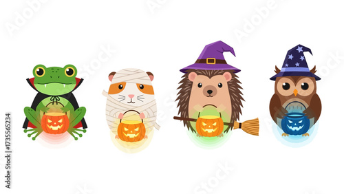 Halloween Animal Characters: A whimsical ensemble of cute animal characters, each adorned in Halloween costumes and carrying glowing jack-o'-lanterns, ready for trick-or-treating.