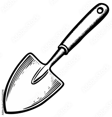 Classic Hand Trowel Illustration Essential Garden Tool for Planting and Digging Black White Sketch