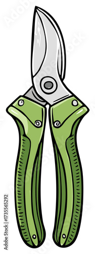 Green Hand Pruning Shears, Gardening Tool Illustration, Clippers for Branches and Stems, Close Up