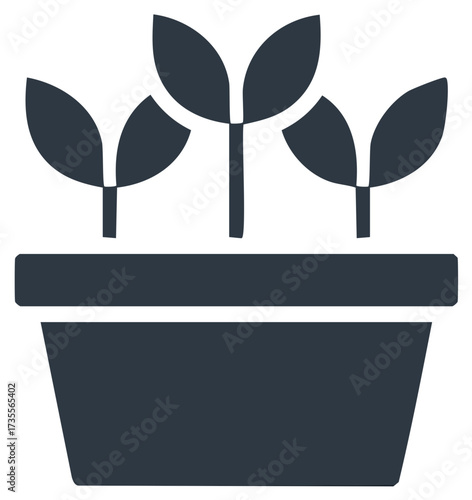 Three green plant sprouts in a navy flowerpot, signaling growth and nurturing new vegetation for indoor gardening