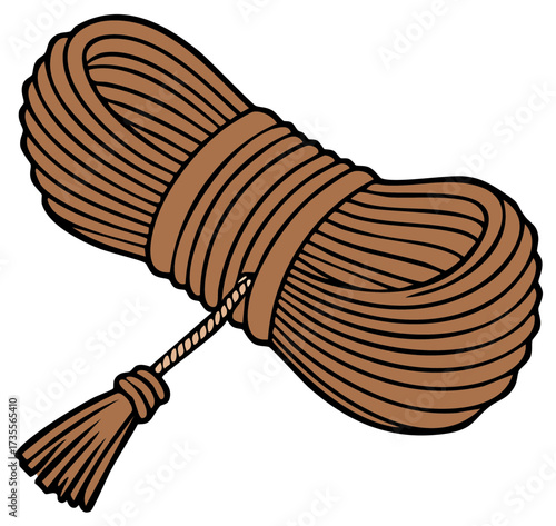 Coiled brown rope with tassel end cartoon vector illustration