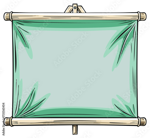 Blank green scroll banner on a wooden easel stand cartoon illustration