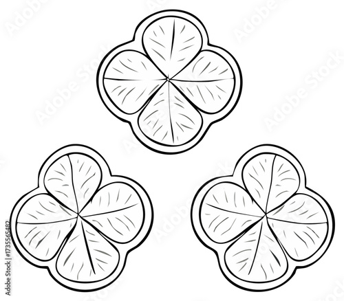 Black and white line art illustration of three four-leaf clovers, a symbol of good luck and fortune