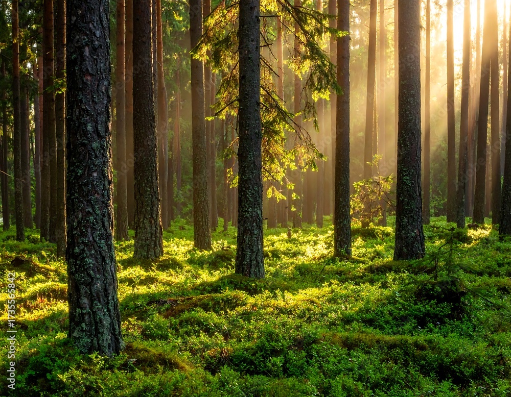 Obraz premium Sunlit Forest Floor with Tall Trees.