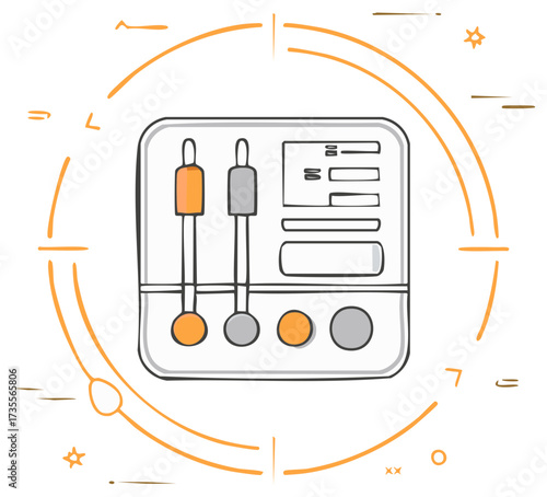 Drawn control panel with sliders and buttons, encircled by graphic elements