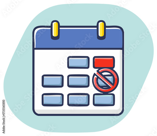 Cartoon calendar with a forbidden date icon symbolizing cancellation, rejection, or unavailable schedule