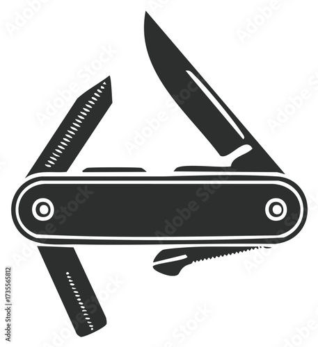 Pocket knife tool illustration. Various blades and features. Vector silhouette