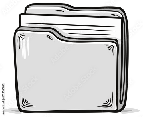 Hand drawn cartoon file folder holding documents. Grey scale illustration for office and business organization.