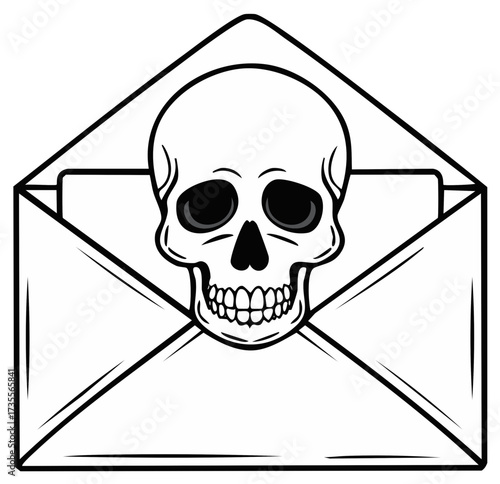 Vector illustration of a menacing skull appearing from an open envelope symbolizing danger or a threatening message