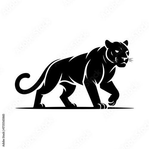 Illustration of a panther or cougar in a walking stance isolated on white background. Design element for emblem, sign, poster, badge. Vector illustration