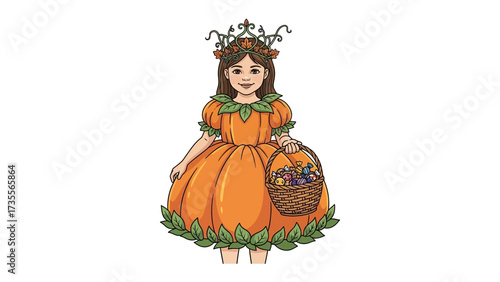 Autumnal Fairy's Grace: An illustration of a young woman with a captivating smile, adorned in a whimsical autumn-themed outfit and crown. She carries a basket, embodying the season's charm