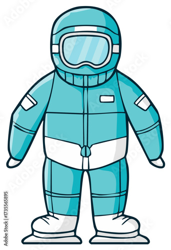 Cartoon character in protective suit and helmet with goggles ready for exploration.