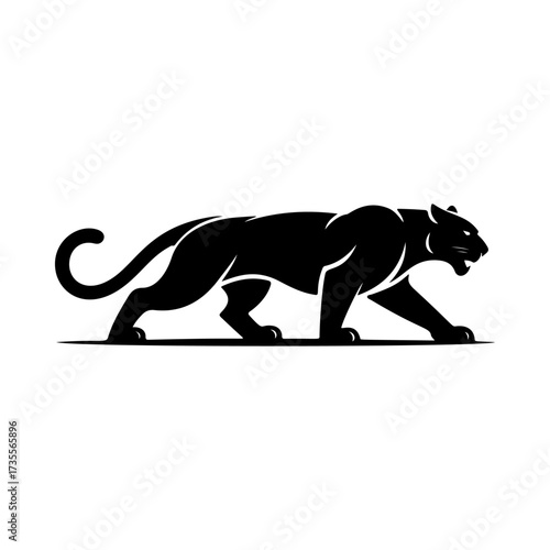 Illustration of a panther or cougar in a walking stance isolated on white background. Design element for emblem, sign, poster, badge. Vector illustration
