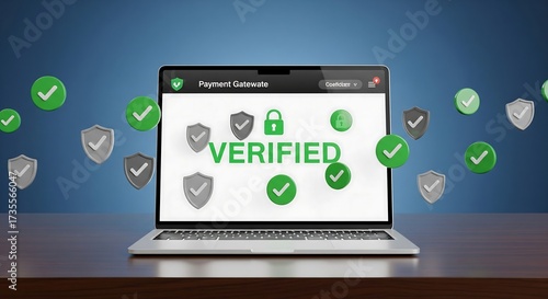 A laptop screen displays verification symbols, indicating secure online payment processing.